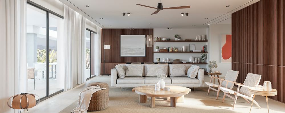 Diseño interior de salón para villa en Mijas Costa del Sol por Sixfold